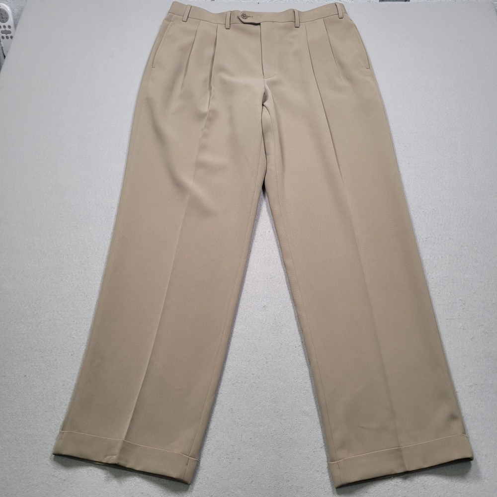 Lauren Ralph Lauren Mens Pleated Dress Pants 36x32 Tan Khaki Polyester Cuffed